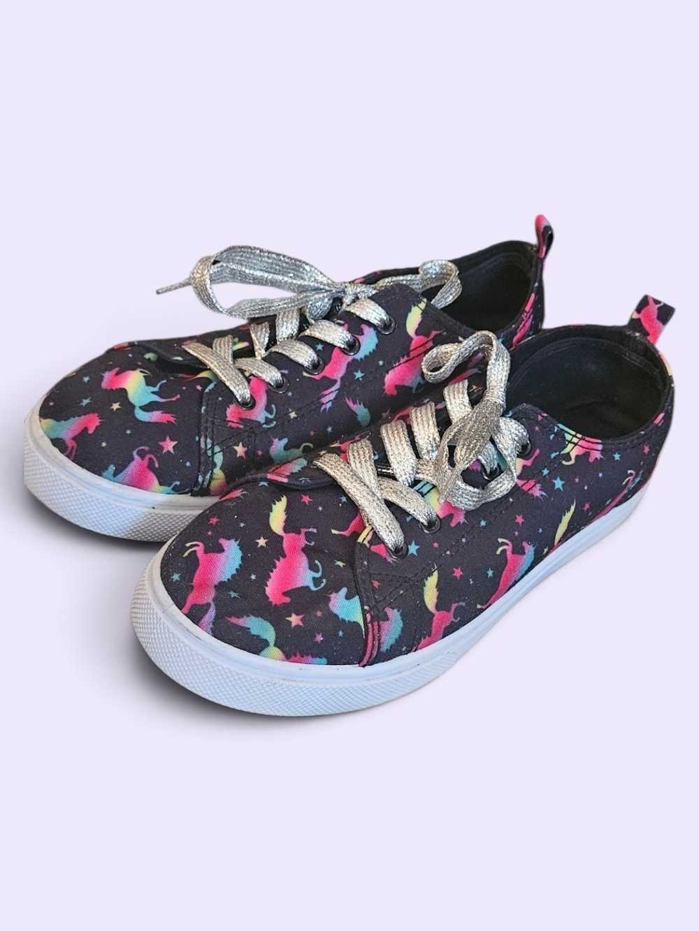 Kids Unicorn Print Black Sneakers with Silver Laces